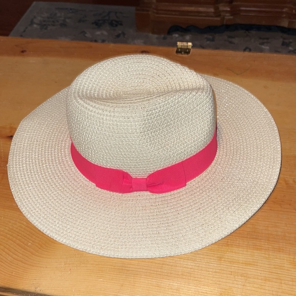 White sparkle sun hat with hot pink ribbon & bow